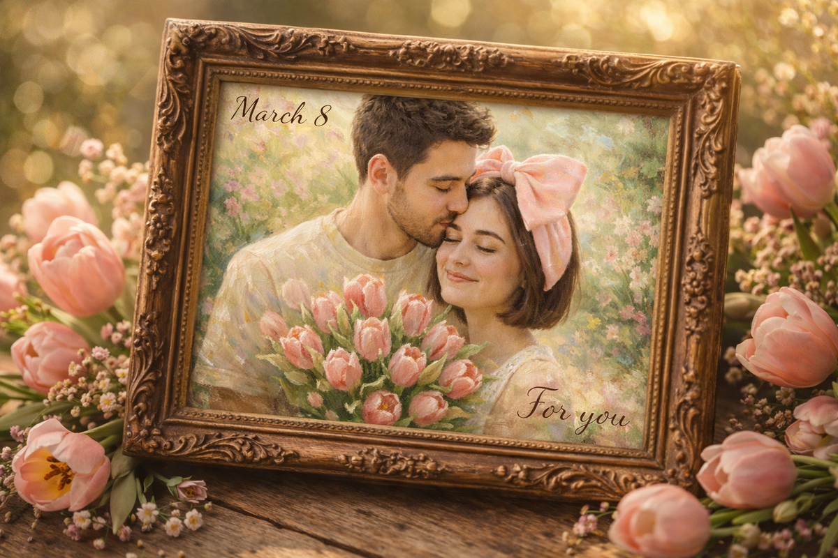 Create a romantic vintage spring postcard with my two characters shown inside an ornate antique carved wooden frame, placed at an angle on a rustic wooden table. Around the frame are soft pink tulips and small spring flowers. Inside the frame is an impressionist oil painting of my characters: a loving couple, waist-up, the man standing behind the woman and gently kissing her forehead, while they hold a large bouquet of pink tulips. The background inside the painting is a soft pastel spring garden with visible brushstrokes and canvas texture. Add elegant handwritten text: “March 8” in the top left and “For you” in the bottom right. Warm golden sunlight, dreamy bokeh, soft focus, pastel colors, romantic mood, high detail, premium greeting card aesthetic.