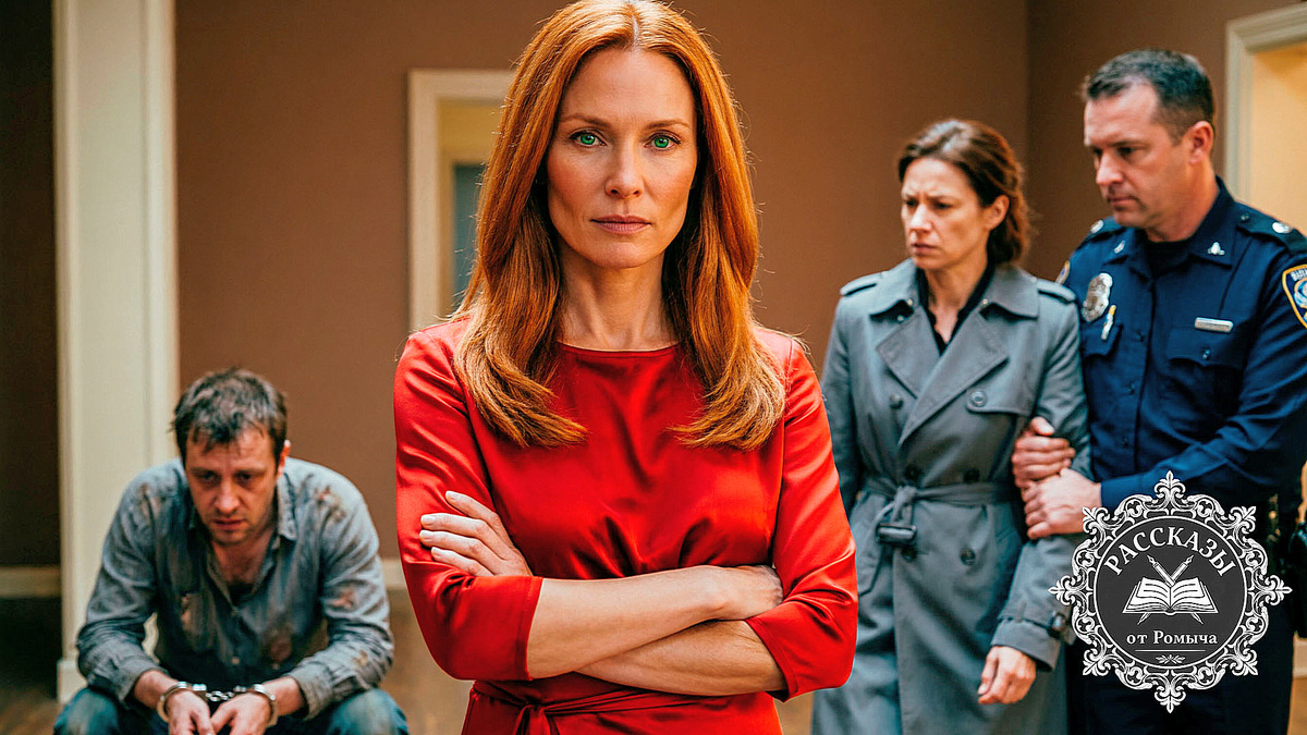 Женщина с зелеными глазами и медными волосами, в ярко-красном шелковом платье. Она стоит со скрещенными руками, глядя сверху вниз на сломленного мужа в наручниках. Рядом полицейский уводит женщину в сером плаще. Фокус на торжествующем и холодном лице героини.