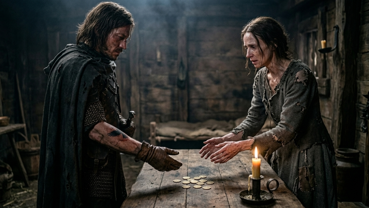 Крупный план грубого деревянного стола в бедной хижине. На нем лежат десять тусклых золотых монет. В кадре видны руки вдовы Марты, жадно тянущиеся к деньгам, и суровое лицо наемника Кроу в тени