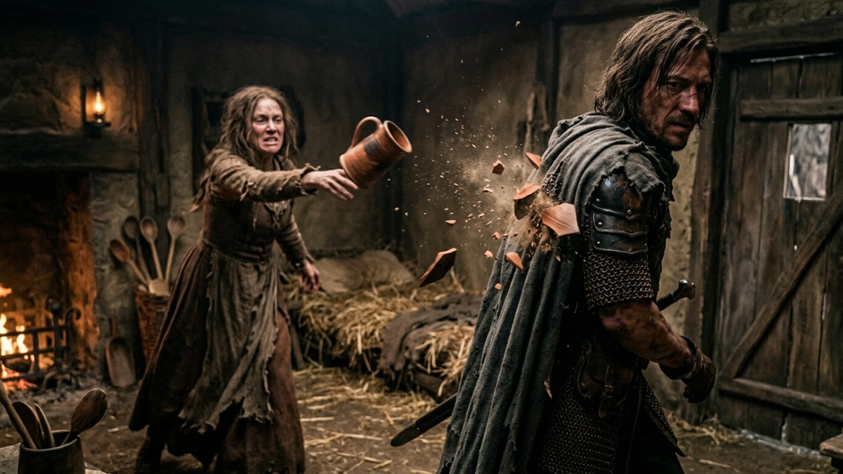 Динамичная сцена в хижине. Вдова Марта в ярости швыряет глиняную кружку в спину уходящему наемнику Кроу. Глиняные осколки разлетаются, ударяясь о кожаный доспех и кольчугу. Мрачная атмосфера конфликта