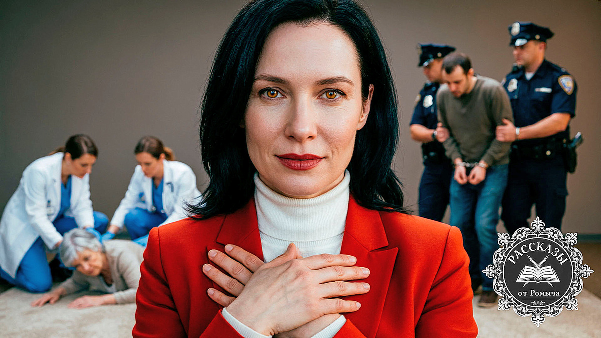 Женщина с черными волосами и янтарными глазами, в ярко-красном строгом жакете. Она стоит в центре комнаты, сложив руки на груди. На заднем плане, в тусклых тонах, полицейские выводят мужчину в наручниках, а врачи скорой помощи склонились над пожилой женщиной. Фокус на лице ГГ, выражающем холодное, торжествующее спокойствие.