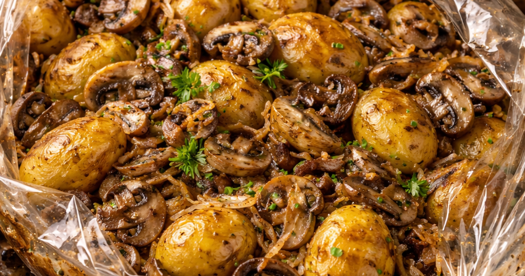 Картофель запечённый с грибами и луком в рукаве.