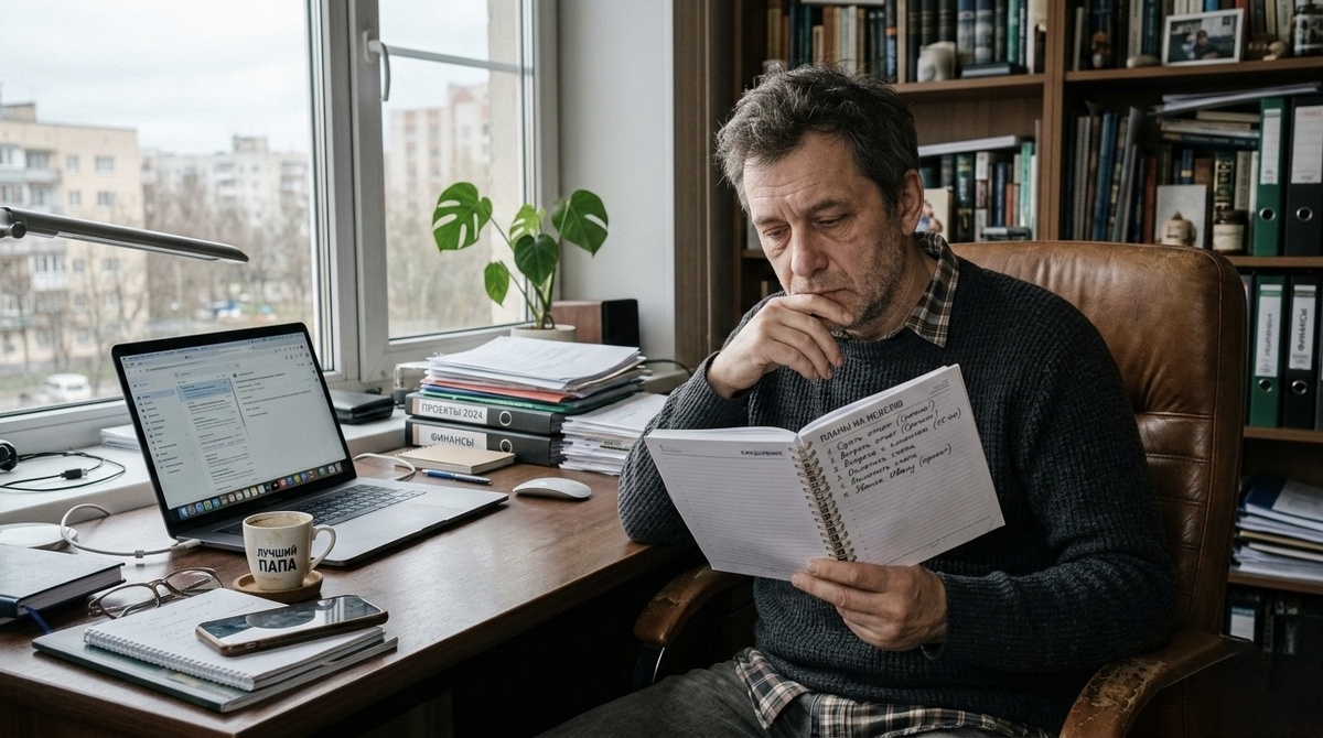 Взрослый человек сидит за столом с рабочими задачами и понимает, сколько ответственности на нём