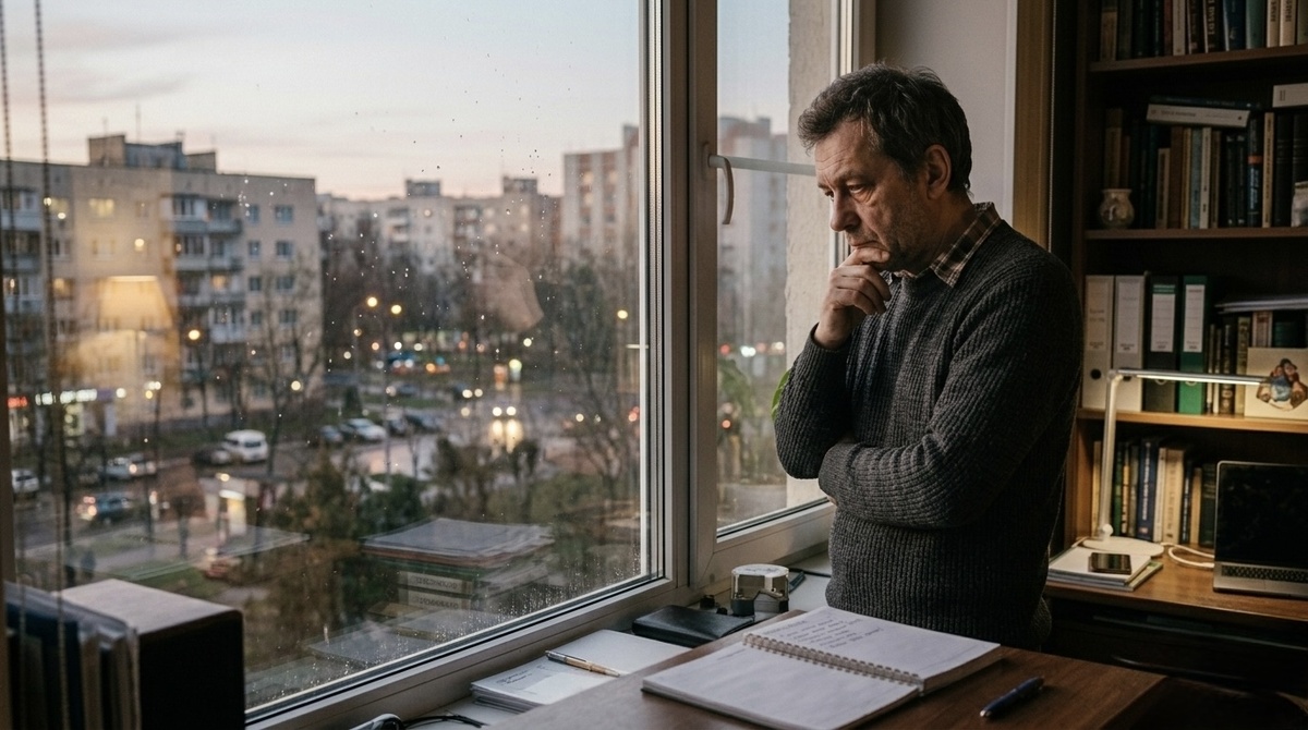 Человек задумчиво смотрит в окно и размышляет о сложных жизненных решениях