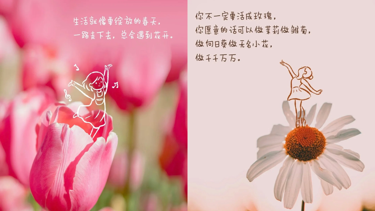 Жизнь похожа на весну, которая вот-вот расцветёт.
Ты не обязательно должна быть розой.
Если хочешь — можешь стать жасмином, можешь стать хризантемой.
Если будешь продолжать идти, обязательно встретишь цветение.
Стань подсолнухом, стань маленьким безымянным цветком,
Стань кем угодно — тысячами, десятками тысяч.