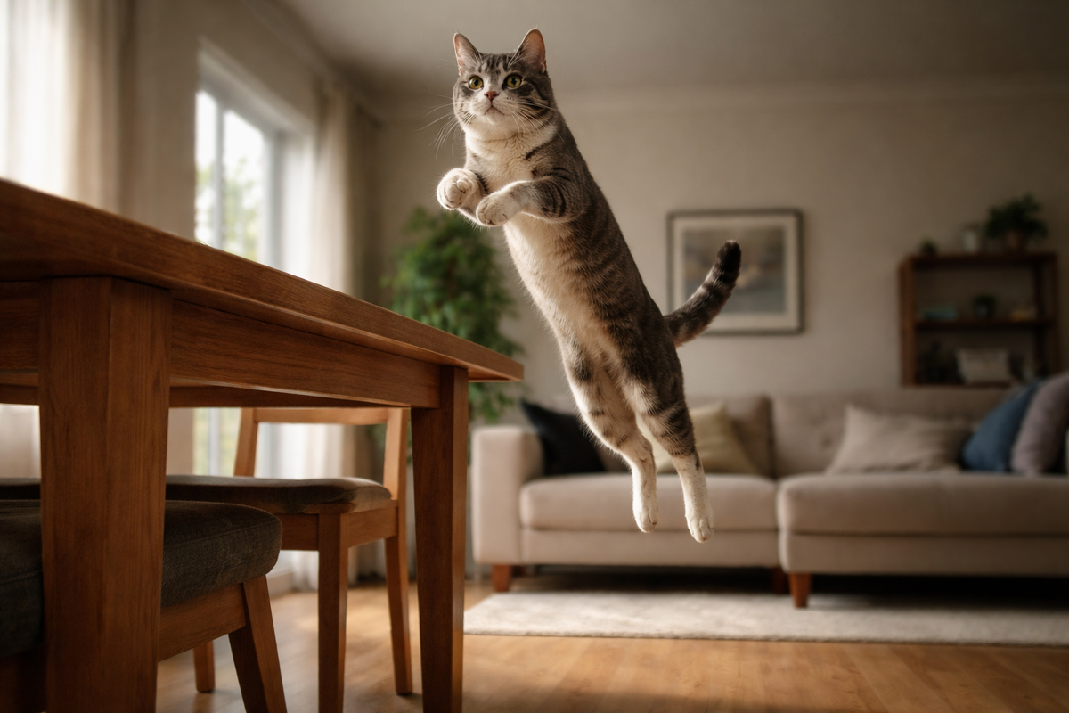 Кошка берет высоту одним точным толчком