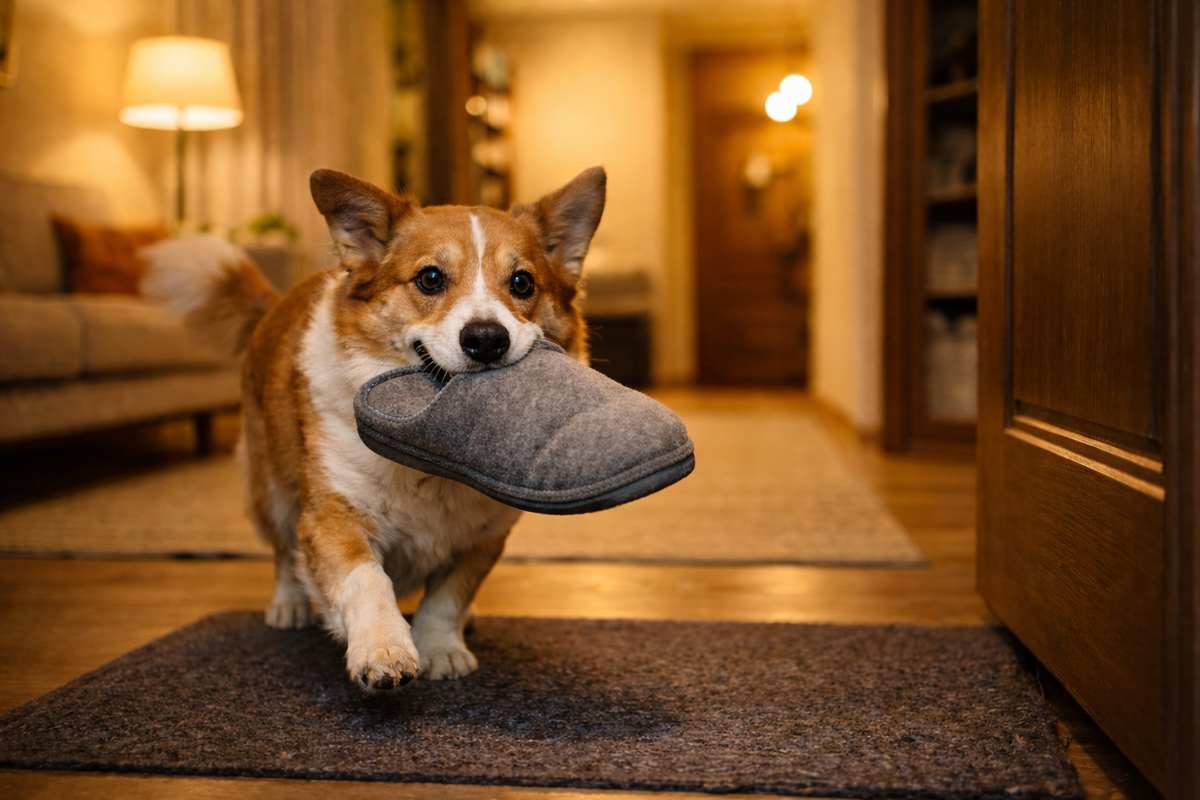 Радостная встреча у двери, где обычный тапок становится знаком внимания