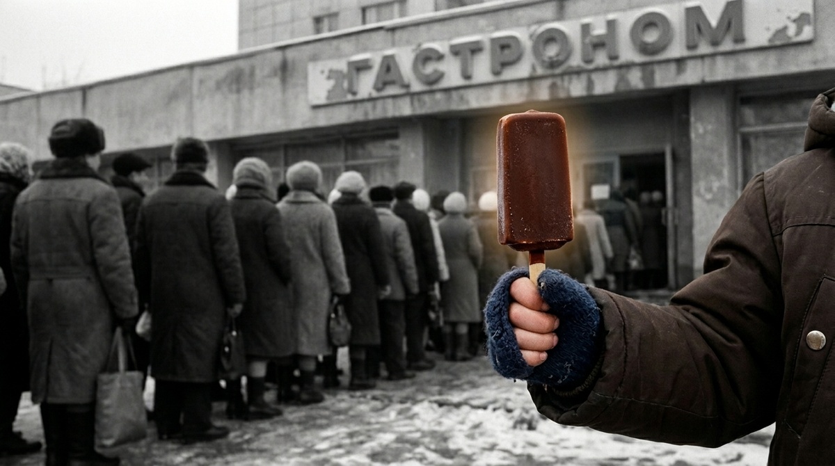 Яркое эскимо в руке ребенка на фоне серой очереди в советский гастроном