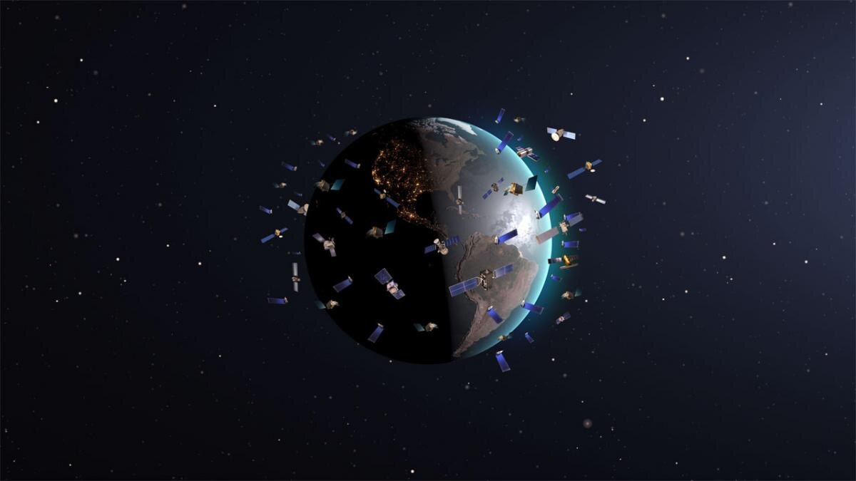     Спутниковая группировка Starlink на орбите Земли   
(сс) NOIRLab / Peter Marenfeld