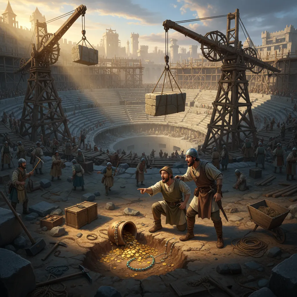 На стройке. Двое рабочих показывают на золотого зайца, выскочившего из разбитого глинянного горшка.