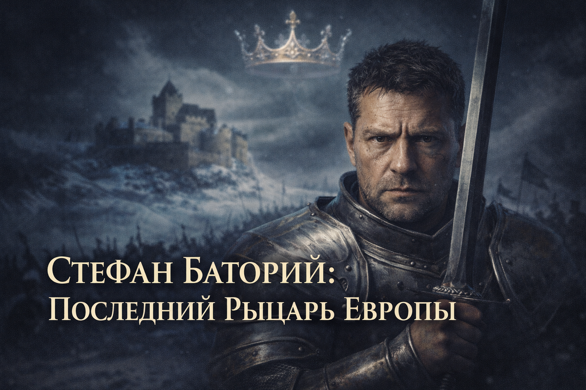 Портрет Стефана Батория в военном доспехе со шрамом над бровью на фоне старинного замка и войск. Символ сурового воина, ставшего королём.