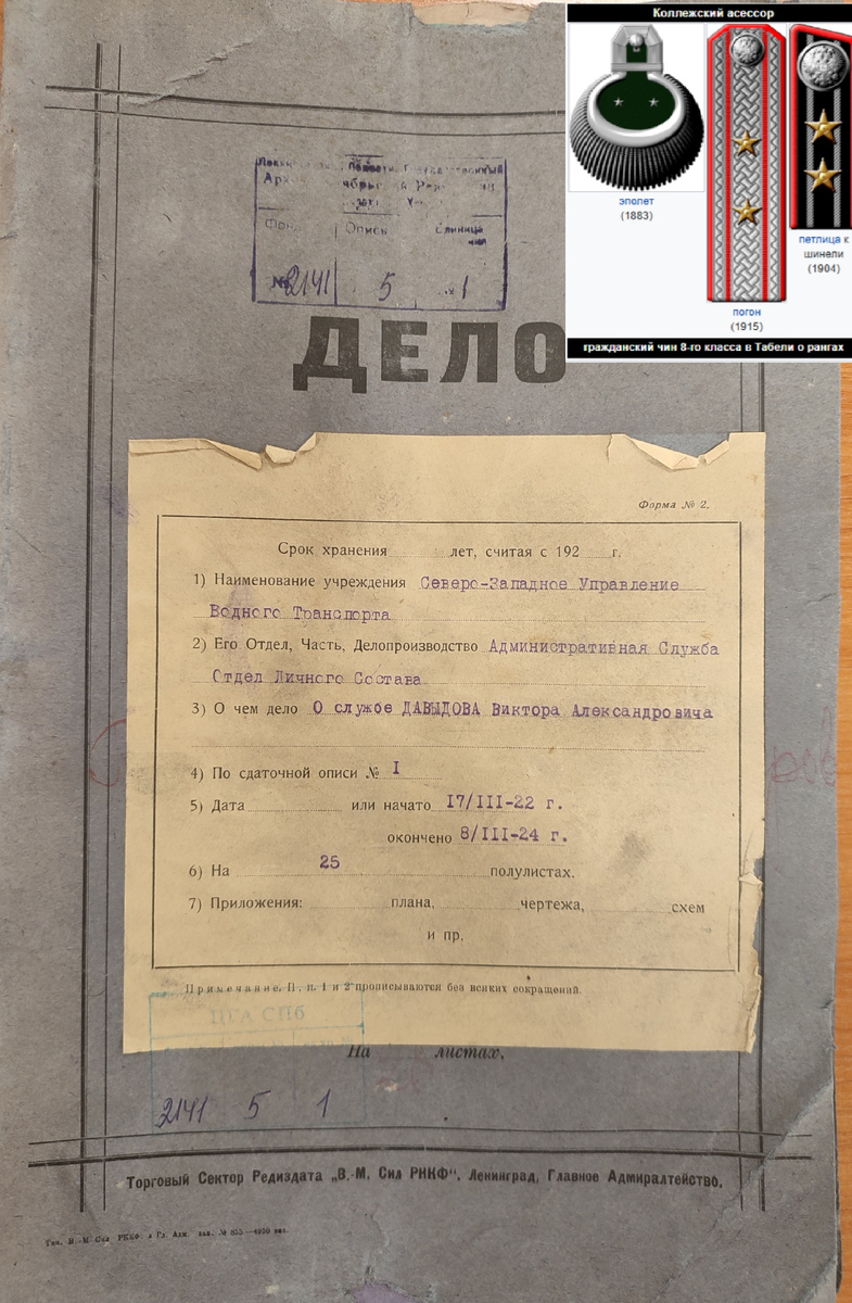 ЦГА СПб. Фонд Р-2141. Опись 5. Дело 1
О службе Давыдова Виктора Александровича
ф.Р-2141 ГП СЕВЕРО-ЗАПАДНОЕ РЕЧНОЕ ПАРОХОДСТВО ДЕПАРТАМЕНТА «РОСРЕЧФЛОТ»