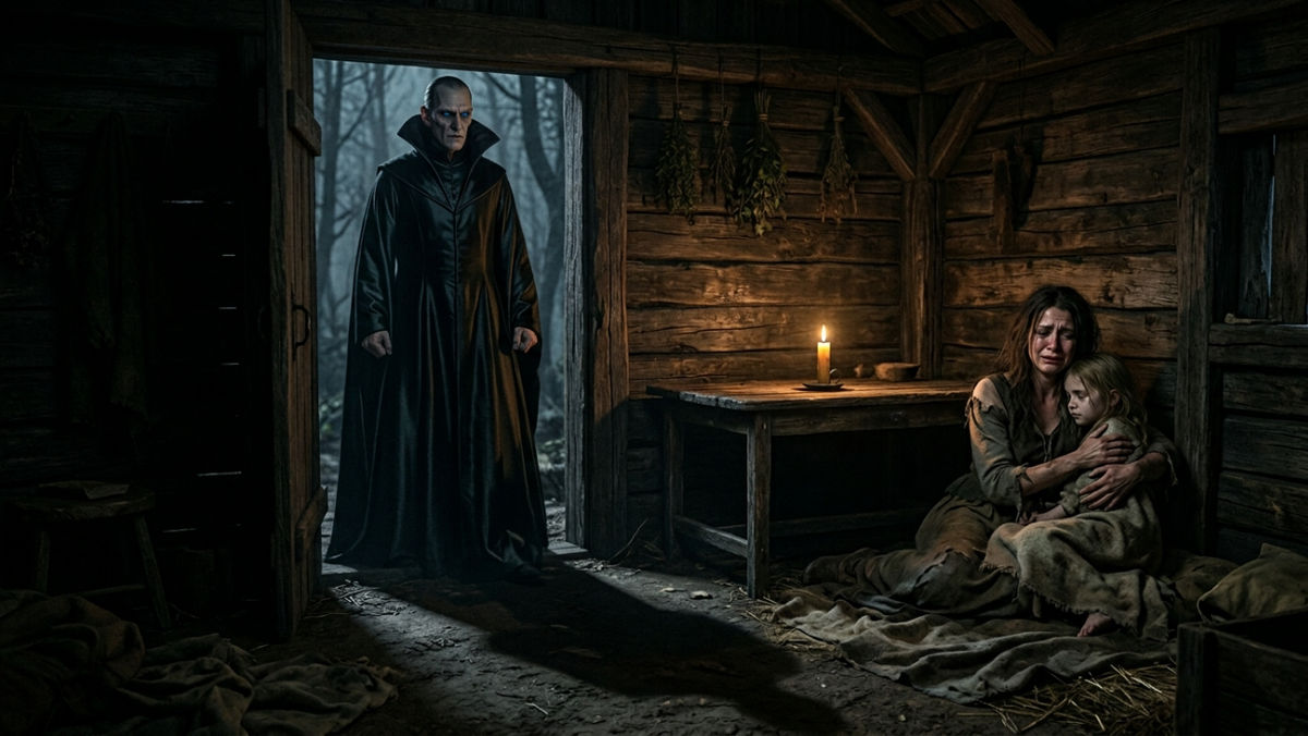 Высокий инквизитор Вальмонт в черной сутане стоит в дверях темной избы, его фигура полностью блокирует дневной свет. Внутри видна напуганная женщина, прижимающая к себе больного ребенка. Драматичный контраст света и тени