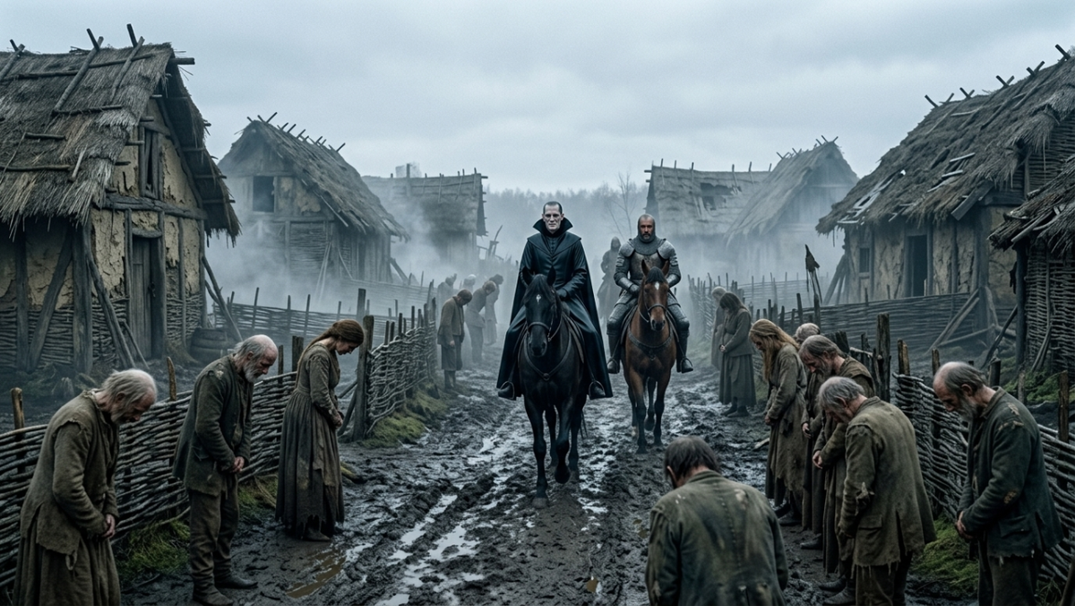 Широкий план деревни Овражье, утопающей в густом тумане под серым небом. Упадок и нищета. Покосившиеся избы с соломенными крышами. Вдоль грязной дороги стоят иссохшие крестьяне в лохмотьях, опустив головы. На переднем плане видна фигура Инквизитора на коне, чья чистая черная сутана резко контрастирует с окружающей грязью