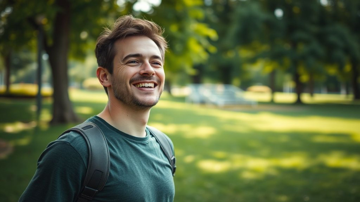 Улыбающийся человек на фоне зеленого парка, дышащий свежим воздухом — ассоциация с энергией и хорошим самочувствием без перенапряжения.