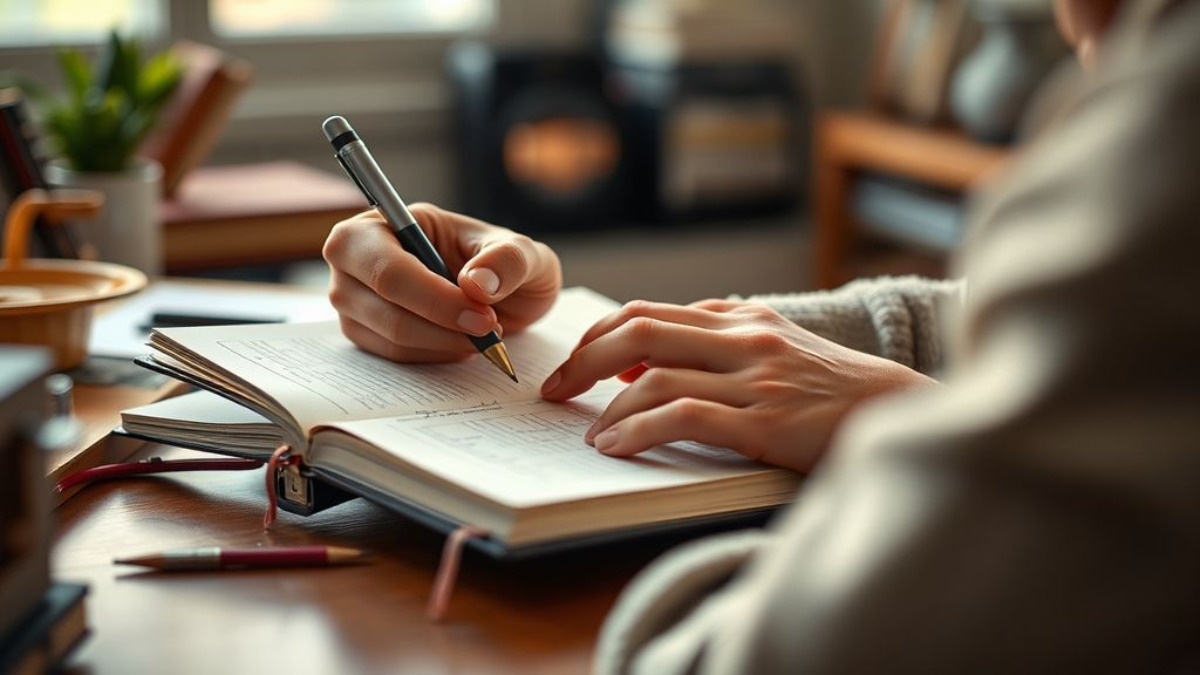 Человек, записывающий дела или привычки в дневник — визуализация осознанного контроля над повседневными действиями.