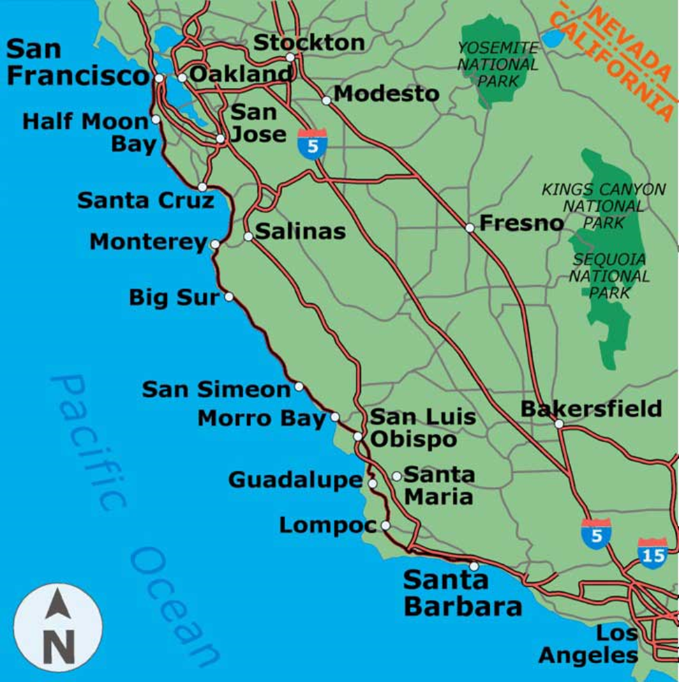 Карта маршрута. SR1 – вдоль побережья