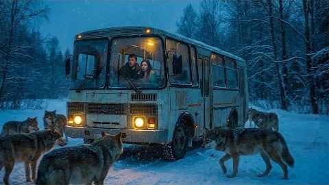 Автобус остановился и его окружила стая волков и ждала чего-то. И из автобуса вышла девушка и направилась к волкам