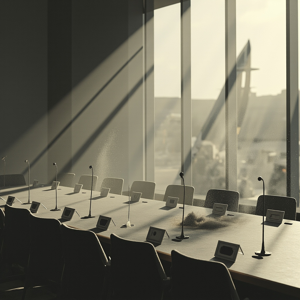  Большой конференц-зал в Женеве , где стулья и микрофоны медленно превращаются в песок и уносятся ветром . В окне видны тени от ракет. 