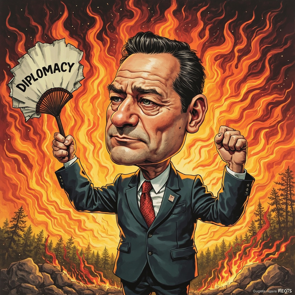  Высокопоставленный чиновник держит в руках крошечный порванный веер с надписью "ДИПЛОМАТИЯ" и пытается скрыть за собой масштабный лесной пожар . 