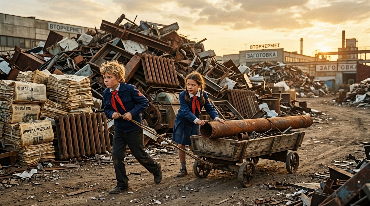 Советские школьники пионеры тащат тяжелый металлолом на тележке, 1980-е годы