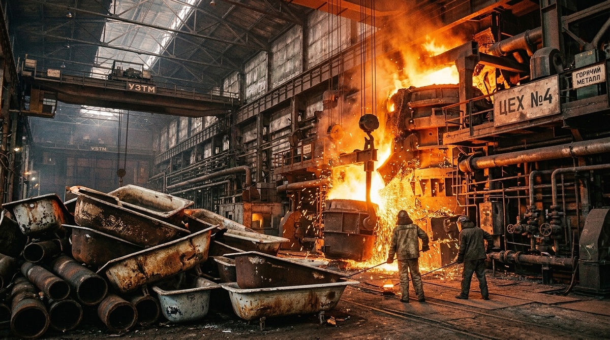 Переплавка старого металлолома в доменной печи на советском металлургическом заводе