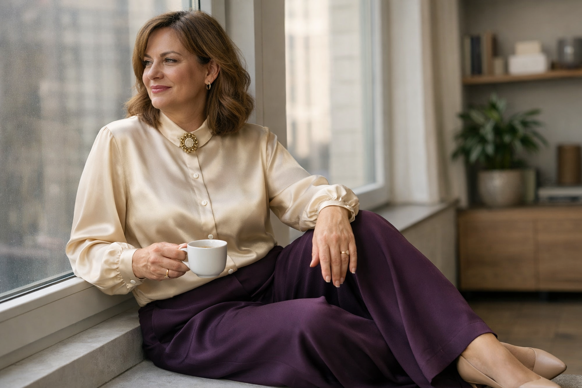 Сливовые палаццо из струящегося крепа и шёлковая блуза - брюки, в которых хочется жить