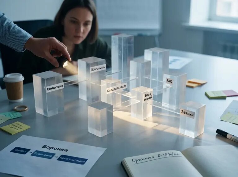    Световая дорожка соединяет семантику и заявки — наглядная воронка образовательного контента. "Kontenium"