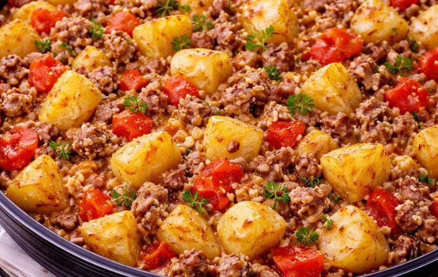Картошка с фаршем и помидорами на сковороде — простой ужин в одной сковороде