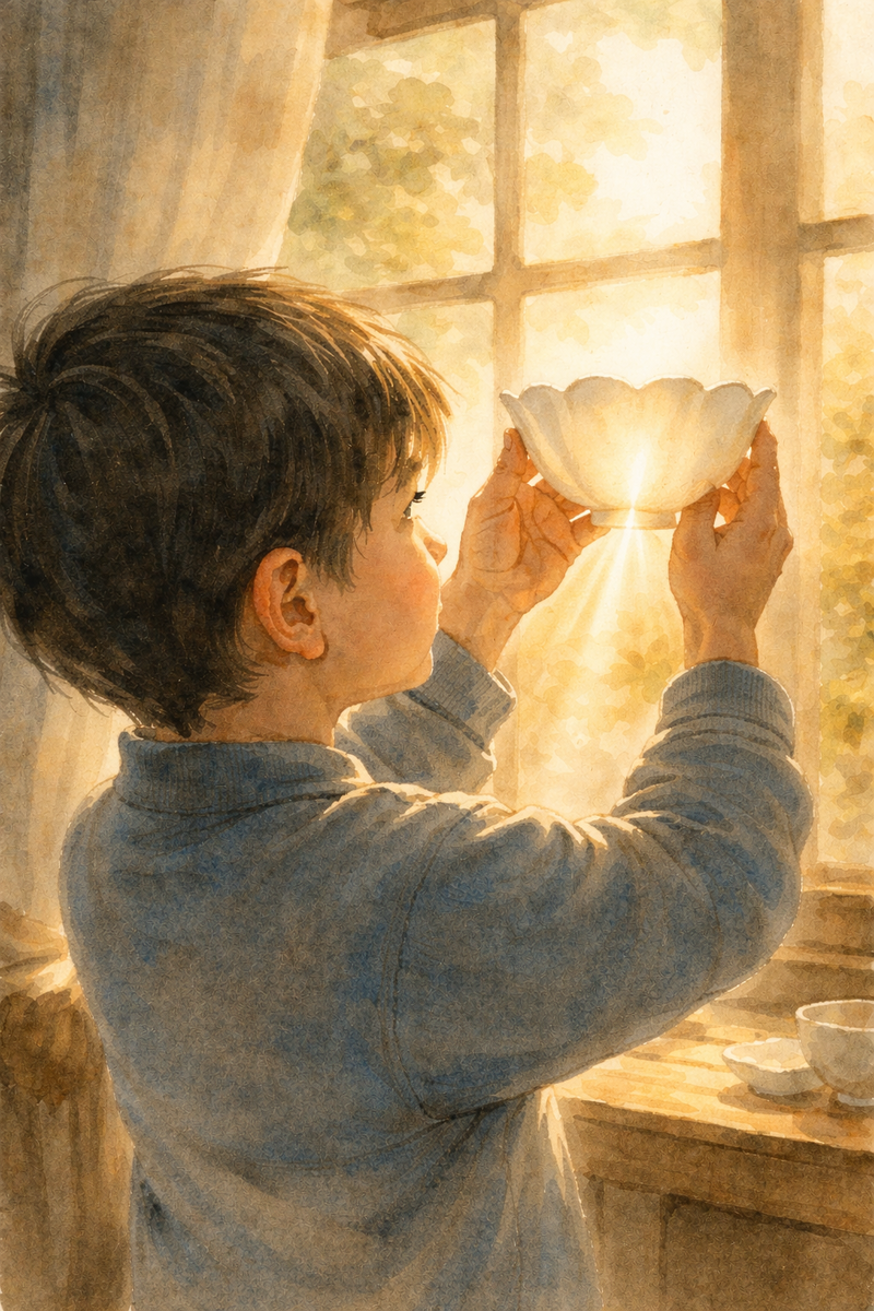 Митя рассматривает чашку в солнечном свете