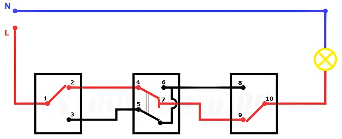 Принцип работы проходного выключателя