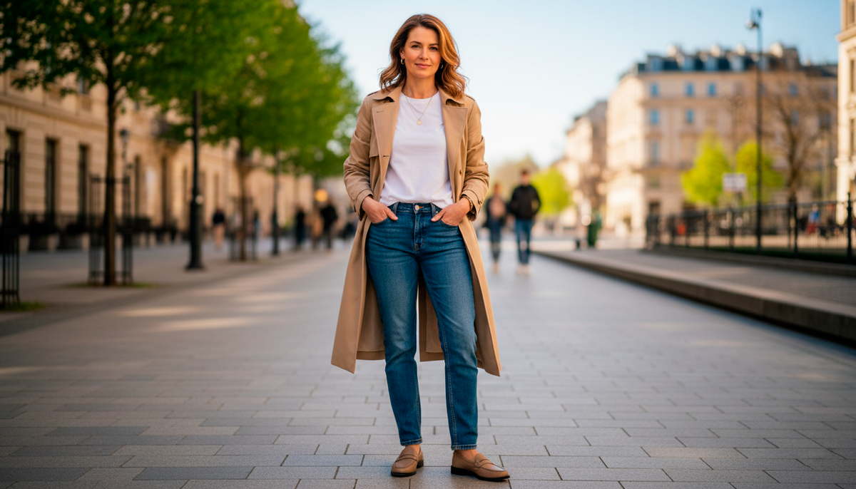 Тренч + джинсы + лоферы. Три минуты на сборы, а выглядит отлично.