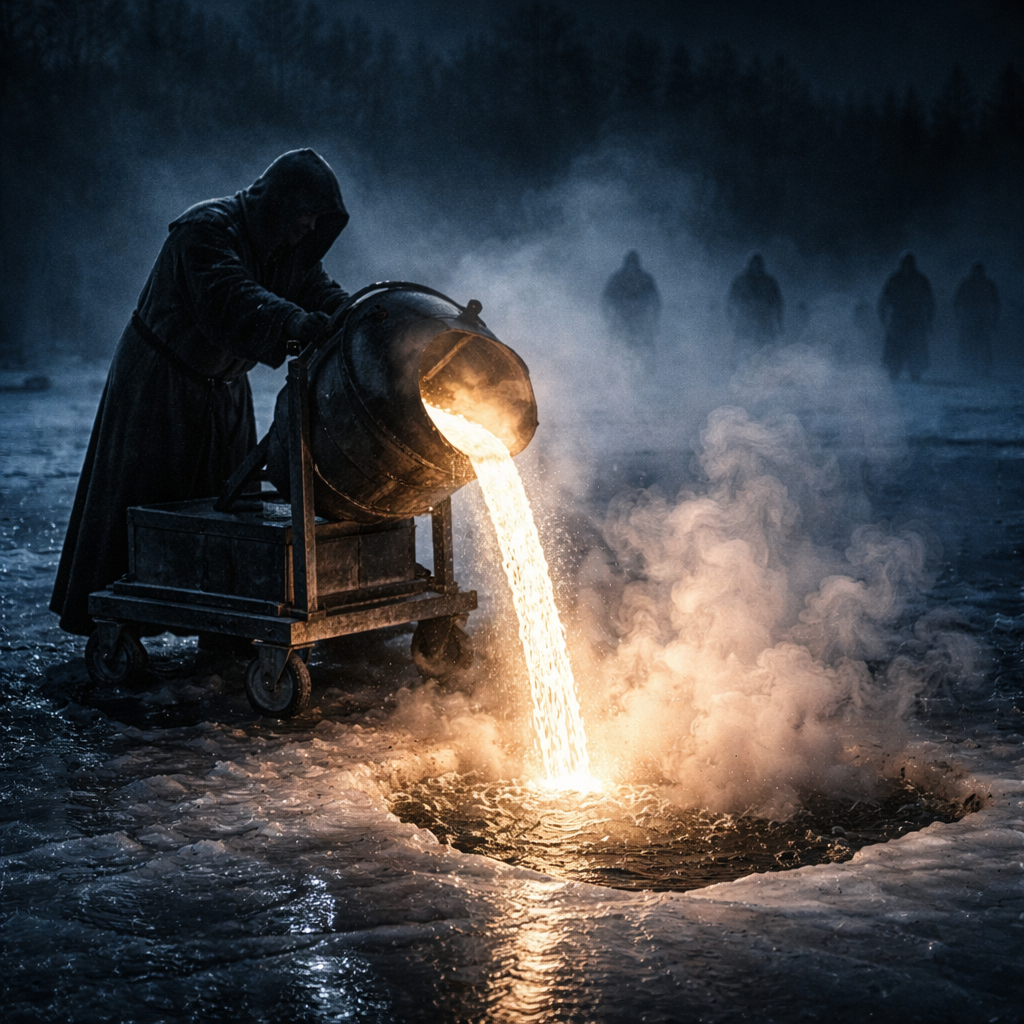 Взгонка. Расплавленный металл вливается в полынью. 
