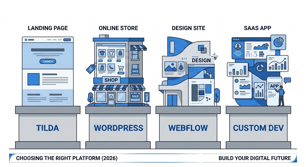Честное сравнение WordPress, Tilda, Webflow и кастомной разработки в 2026 году — как выбрать CMS под ваш бизнес без ошибок и лишних трат.