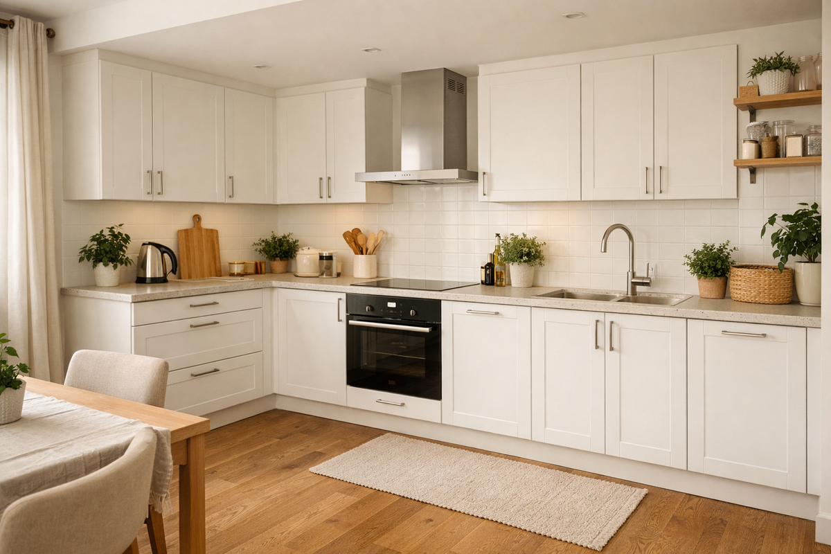 Светлая кухня со встроенной посудомоечной машиной, которая полностью скрыта за фасадом гарнитура