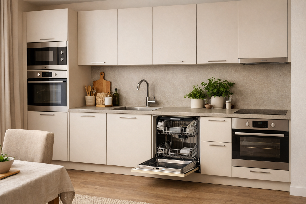 Минималистичная кухня с бежевыми фасадами и встроенной посудомоечной машиной рядом с мойкой