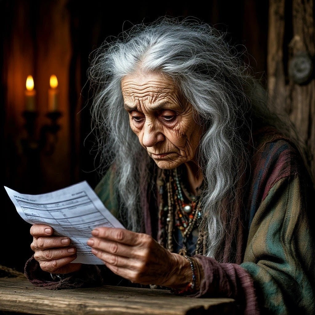 Баба Яга изучает квитанцию на ЖКУ. Сгенерировано ИИ по запросу автора