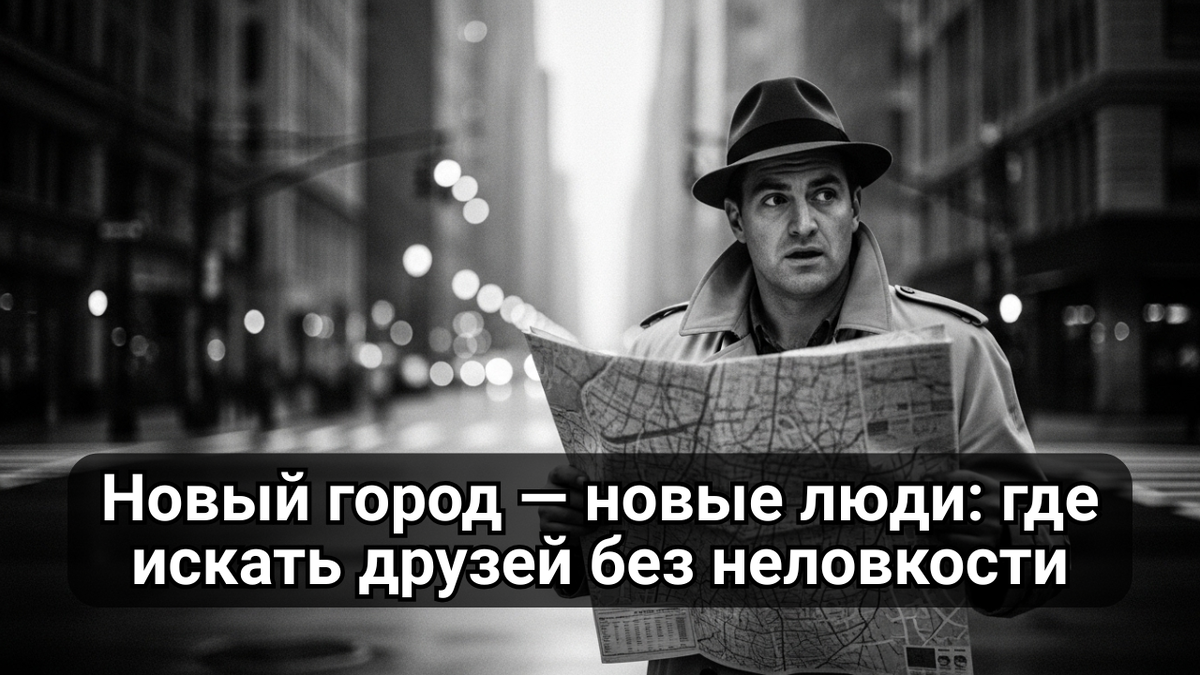Человек стоит на перекрёстке в незнакомом городе, слегка растерян, смотрит по сторонам. В руках — карта или смартфон.