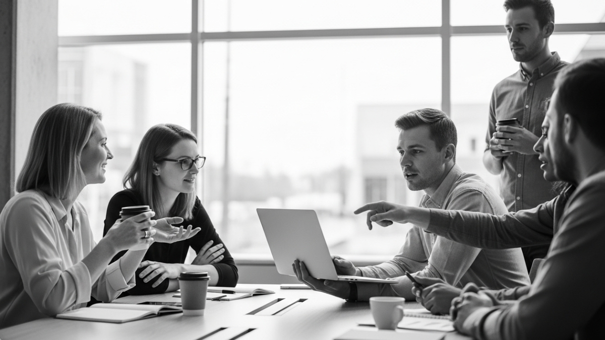 Группа людей общается в коворкинге: кто то пьёт кофе, кто то показывает что то на экране ноутбука.