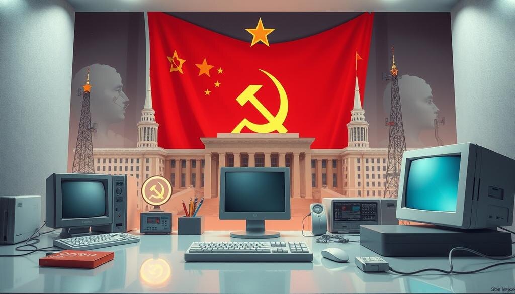    Иллюстрация советских инновационных технологий с символами, такими как серп и молот, и абстракциями компьютеров.