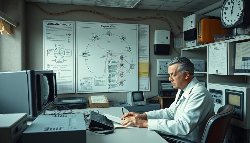    Сцена в лаборатории 1950-х годов с советским ученым, работающим над ранними компьютерными сетями.