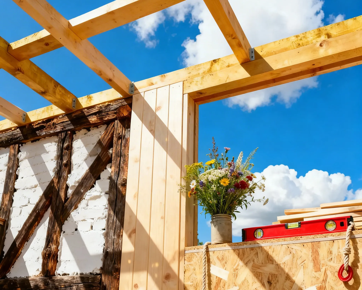 Фахверк, баллун и платформа встретились на одной стройке. Поспорили, кто быстрее дом поставит. А мы рядом с уровнем стоим и улыбаемся — лишь бы тёплый да крепкий получился. Солнышко, опилки, свежий ветер — хороший день, чтобы строить! 🔨☀️🏠