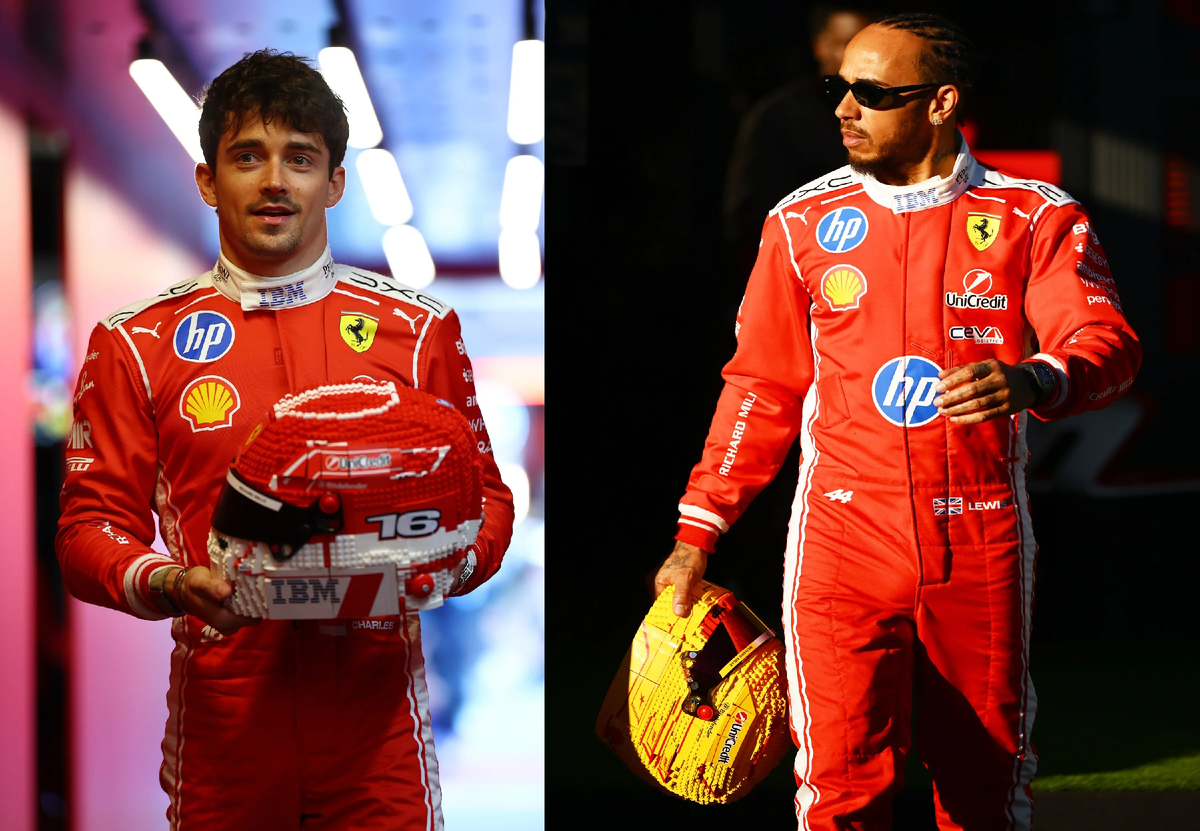 Шарль Леклер и Льюис Хэмилтон с копиями своих шлемов(Фото: LEGO)