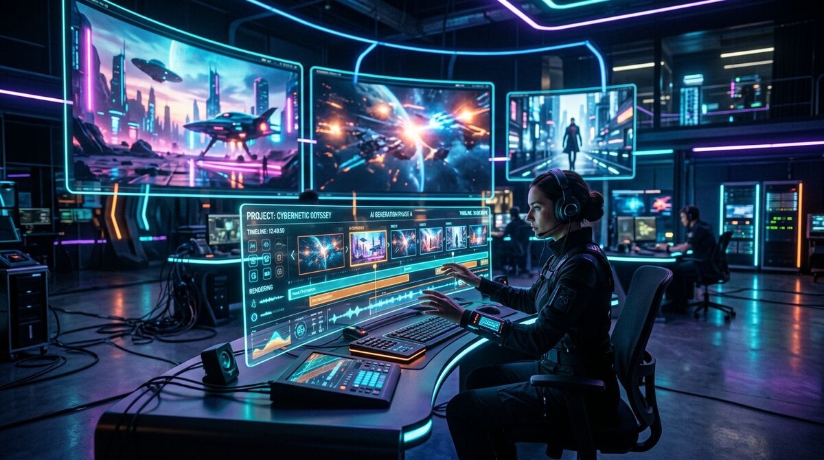 Футуристическое рабочее пространство для создания видео с помощью нейросети. На экранах отображаются кинематографические сцены, а вокруг виден интерфейс генерации и таймлайн монтажа.