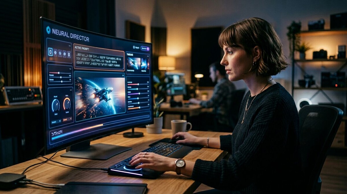 Рабочее место создателя контента. На экране открыт интерфейс генерации видео, где по текстовому описанию создается кинематографическая сцена.