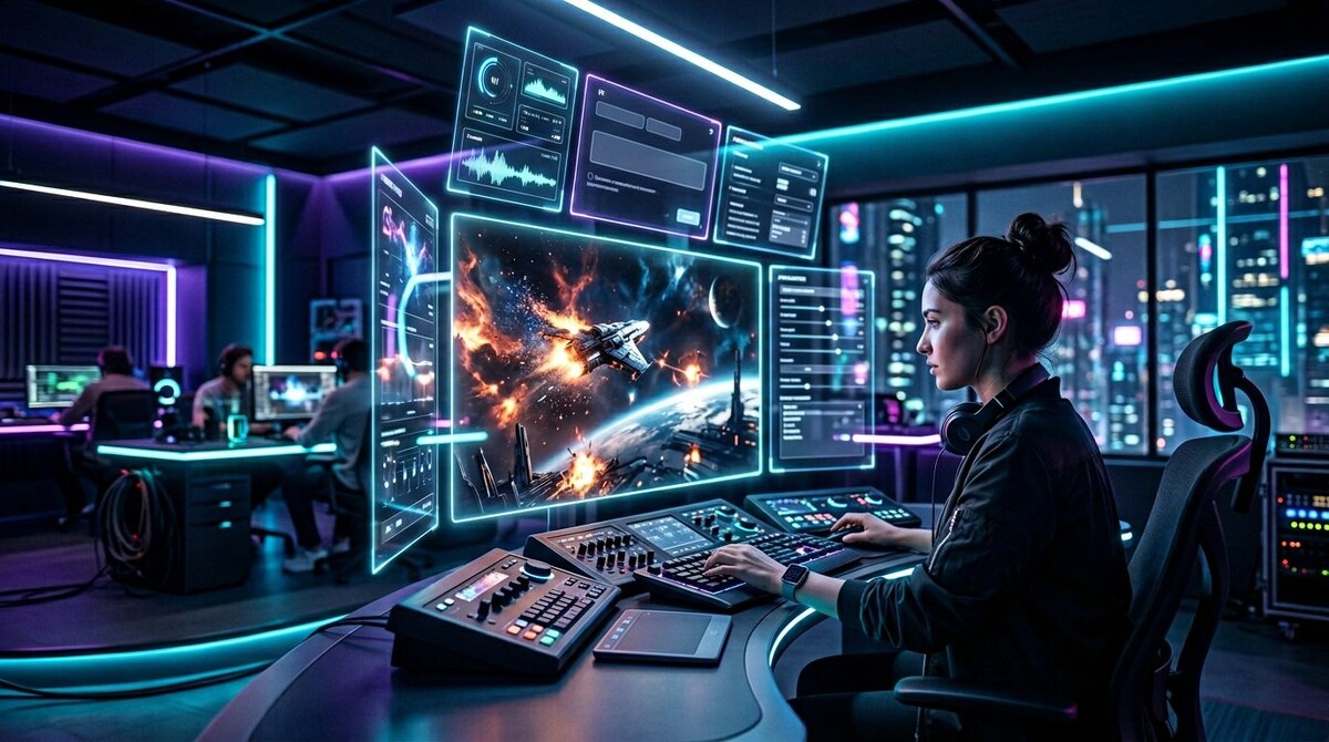 Футуристическая студия генерации видео. На экранах появляются сцены, созданные нейросетью, а вокруг виден интерфейс управления генерацией роликов.