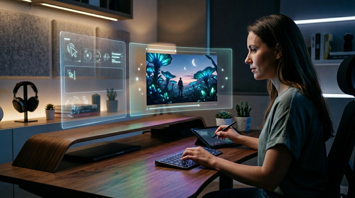 Рабочее место создателя контента. На мониторе открыт интерфейс генерации видео, где по текстовому описанию появляется кинематографическая сцена.