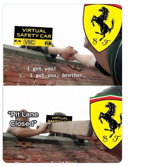 Второй VSC: «Ferrari, я помогу, помогу вам!» Гоночная дирекция, закрывающая въезд на пит-лейн, такая...Фото: Соцсети  📷
