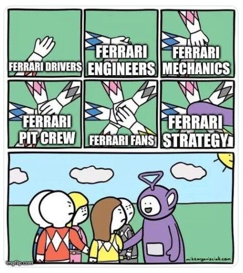 Когда странные стратеги решили присоединиться к дружной компании из пилотов, инженеров, механиков и болельщиков Ferrari…Фото: Соцсети  📷
