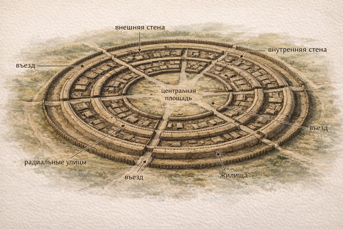 Реконструкция планировки Аркаима. Поселение было организовано по строгому плану: два кольца оборонительных стен, жилые кварталы и центральное пространство.